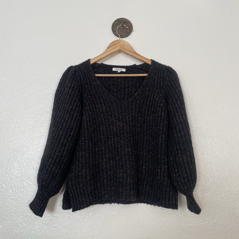 Madewell Sweater Womens XS Gray V Neck Wool Puff Sleeve Chunky Pullover